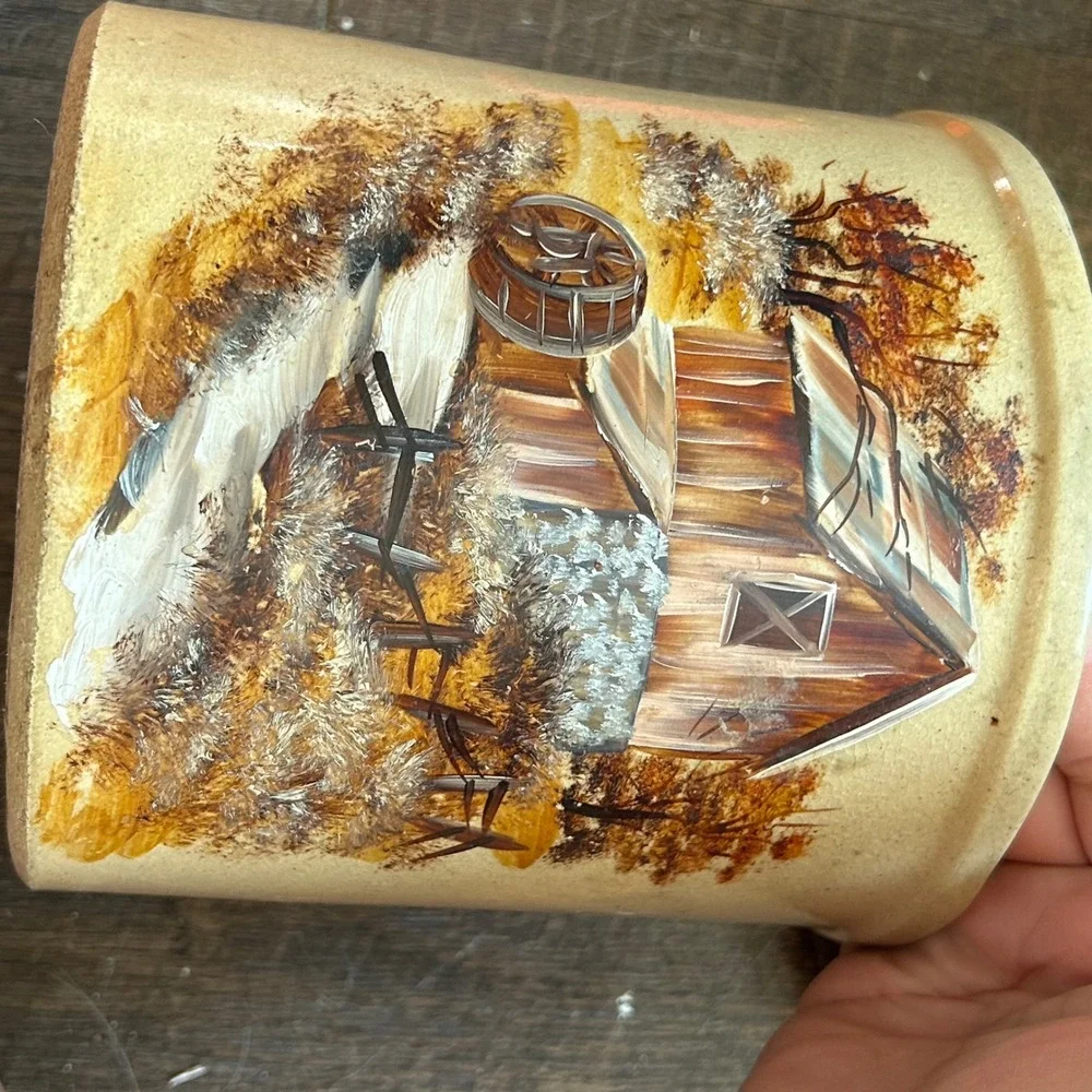 Vintage RRP Co Roseville Ohio Stoneware Canister with Wood Lid Water Mill Barn